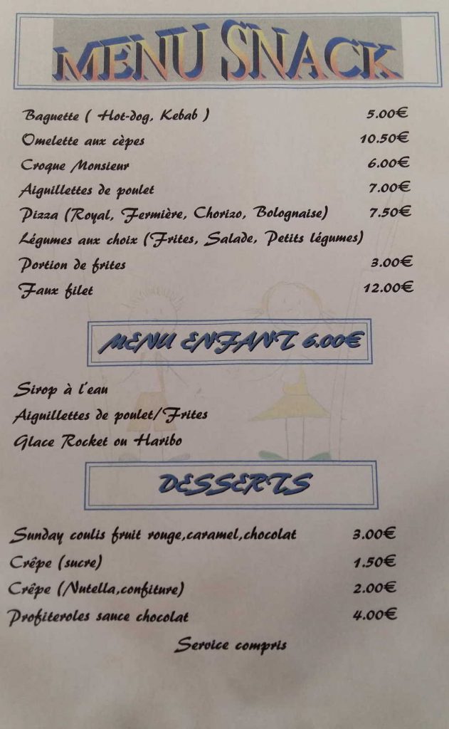 Menu van de snackbar van camping l'Agrion Bleu Camping l'Agrion bleu
